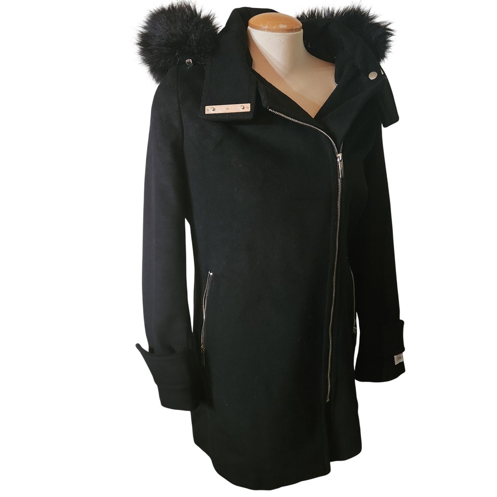 Calvin Klein Wool Blend‎ Black Asymmetrical Zip Blend Coat Faux Fur Hood